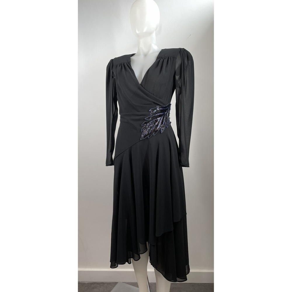 VTG 80s Cocktail Party Wrap Dress Ruched V Front Back Hi Low CASADEI SZ 8